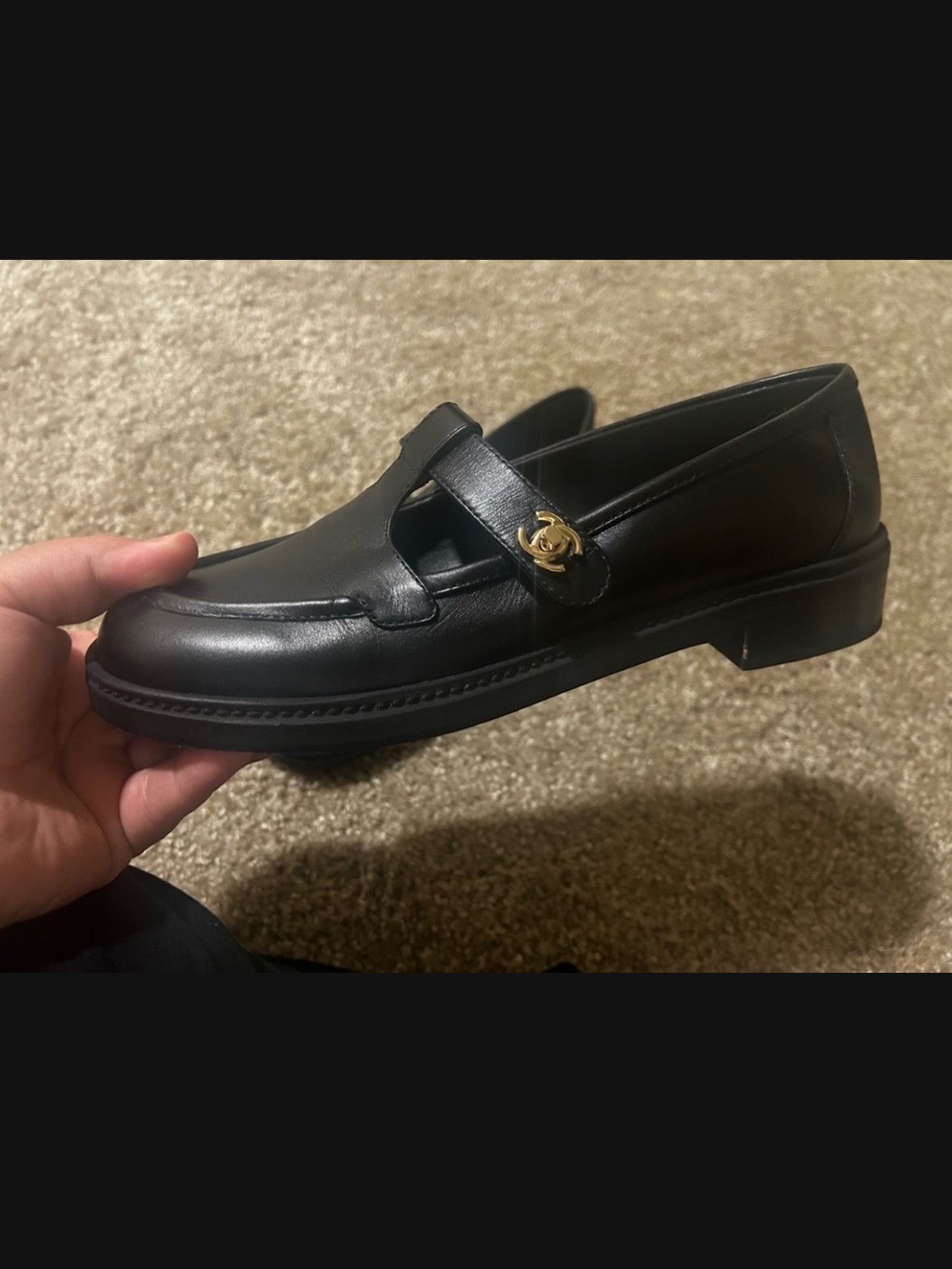 CHANEL Black Leather Mary Jane Loafers with Gold CC Button